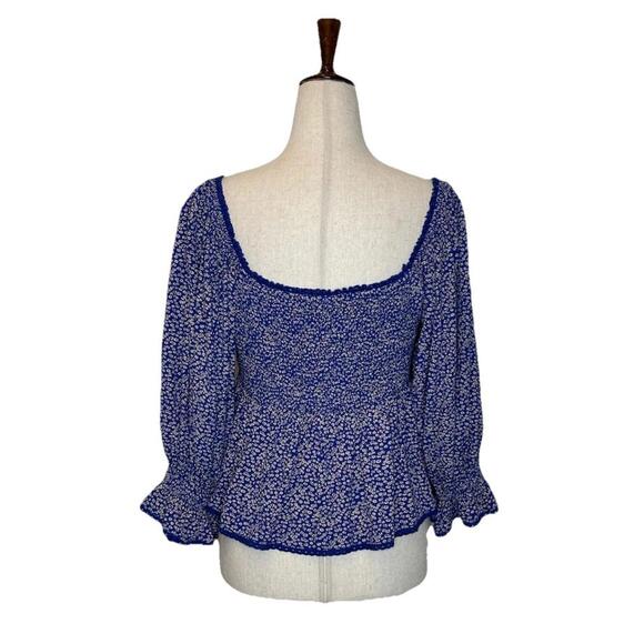 Free People Britnee Floral Cropped Peplum Smocked Puff Sleeve Top M Blue White - Picture 6 of 9